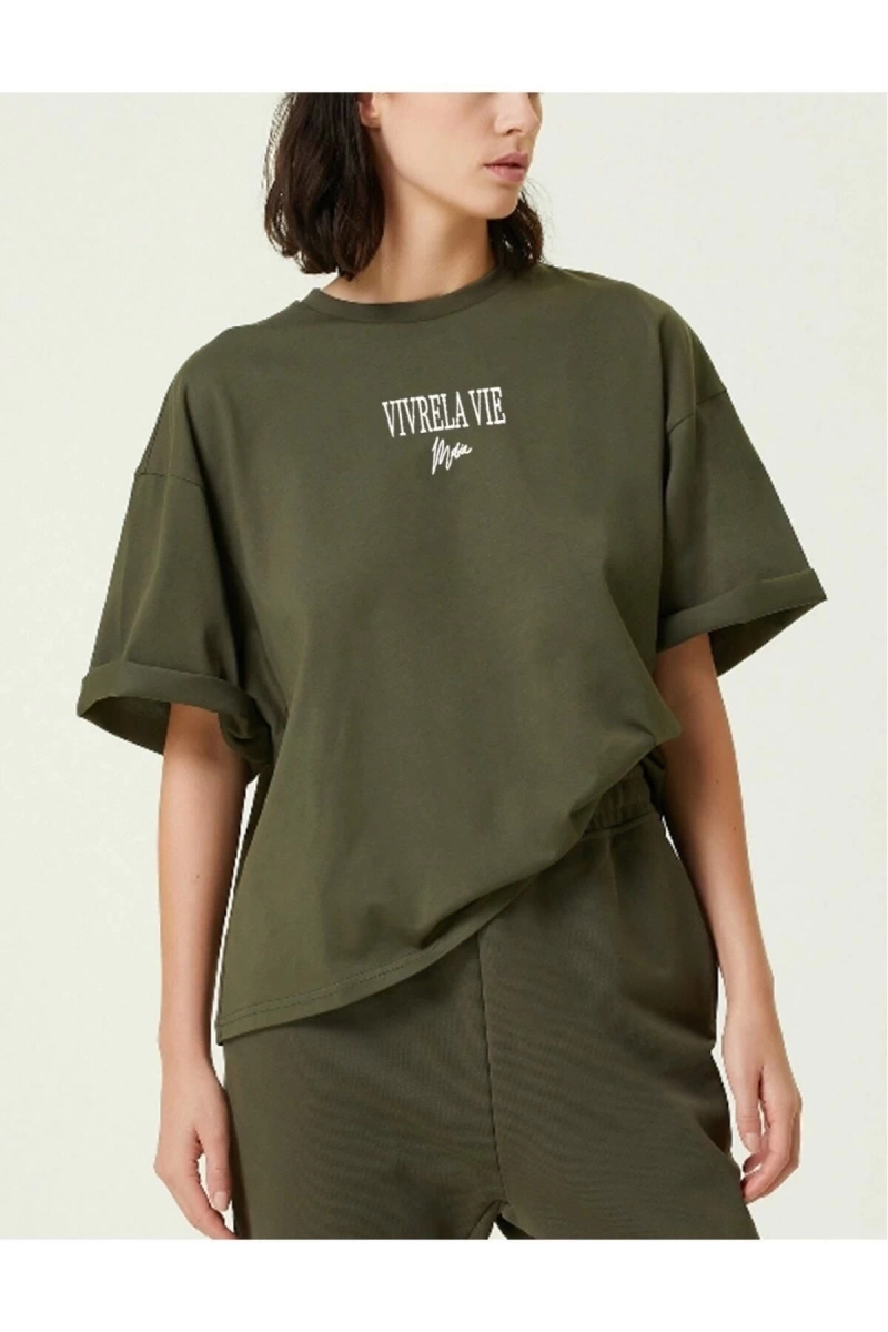 Unisex Haki Vivre La Vie Baskılı Oversize Bisiklet Yaka Penye Tişört