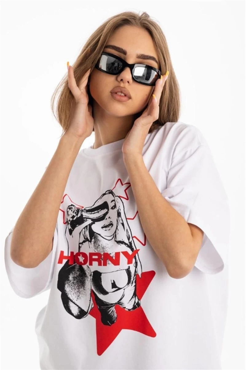Unisex Horny Star Tshirt Beyaz
