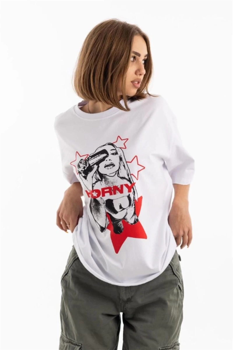 Unisex Horny Star Tshirt Beyaz