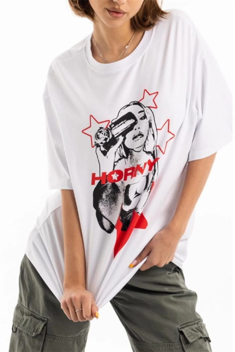 Unisex Horny Star Tshirt Beyaz