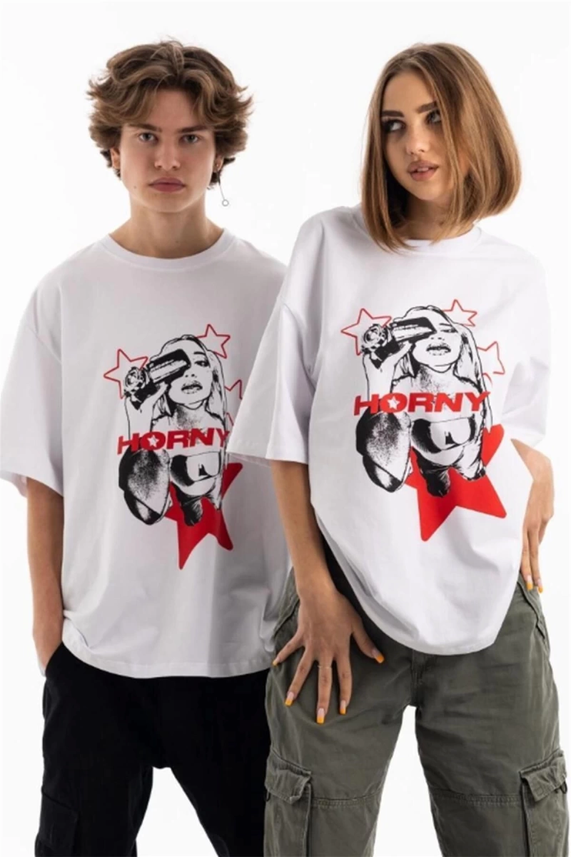 Unisex Horny Star Tshirt Beyaz