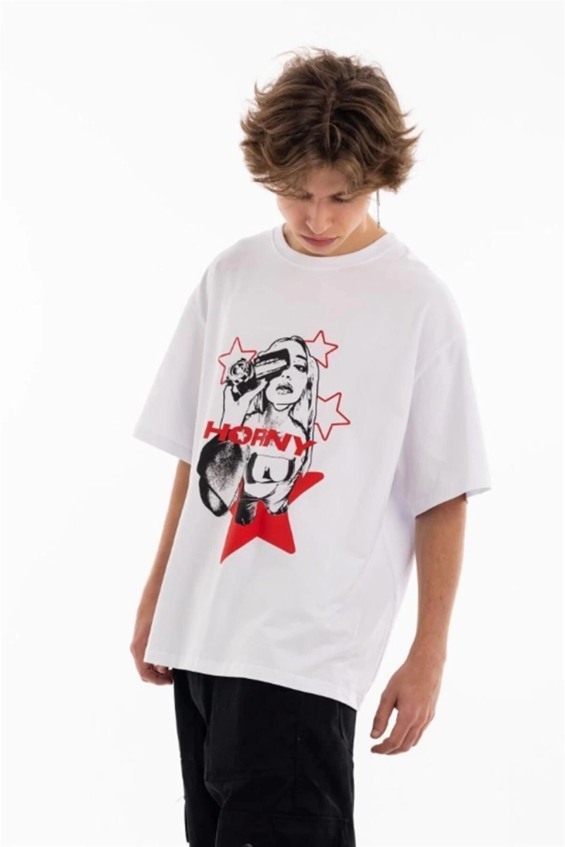 Unisex Horny Star Tshirt Beyaz