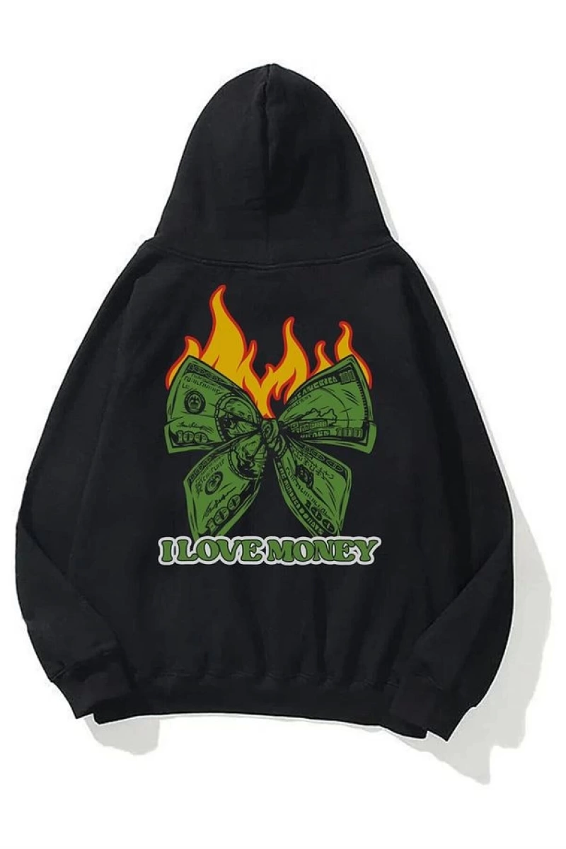 Unisex I Love Money Sweatshirt Hoodie Siyah