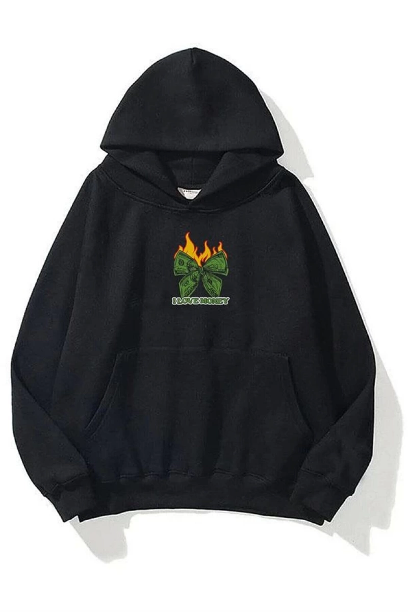 Unisex I Love Money Sweatshirt Hoodie Siyah