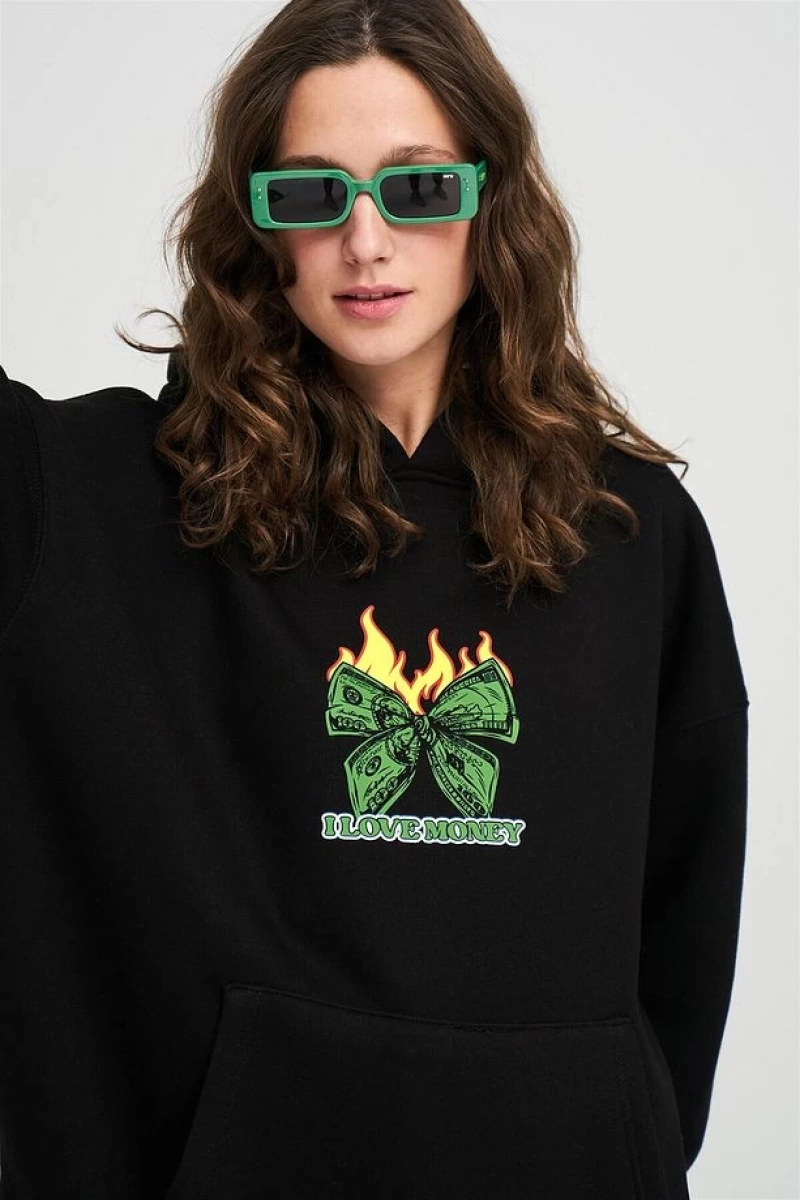Unisex I Love Money Sweatshirt Hoodie Siyah