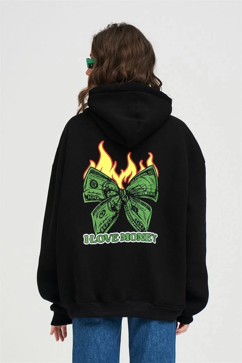 Unisex I Love Money Sweatshirt Hoodie Siyah