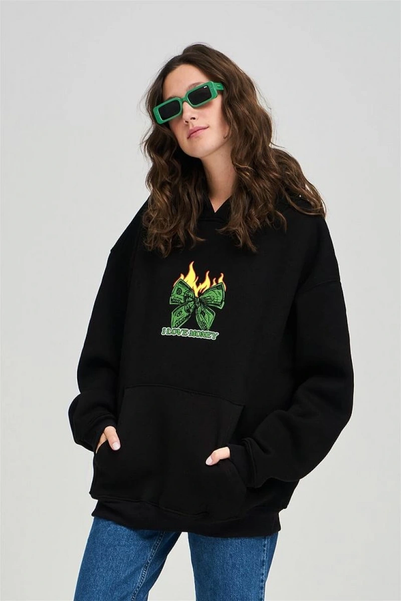 Unisex I Love Money Sweatshirt Hoodie Siyah