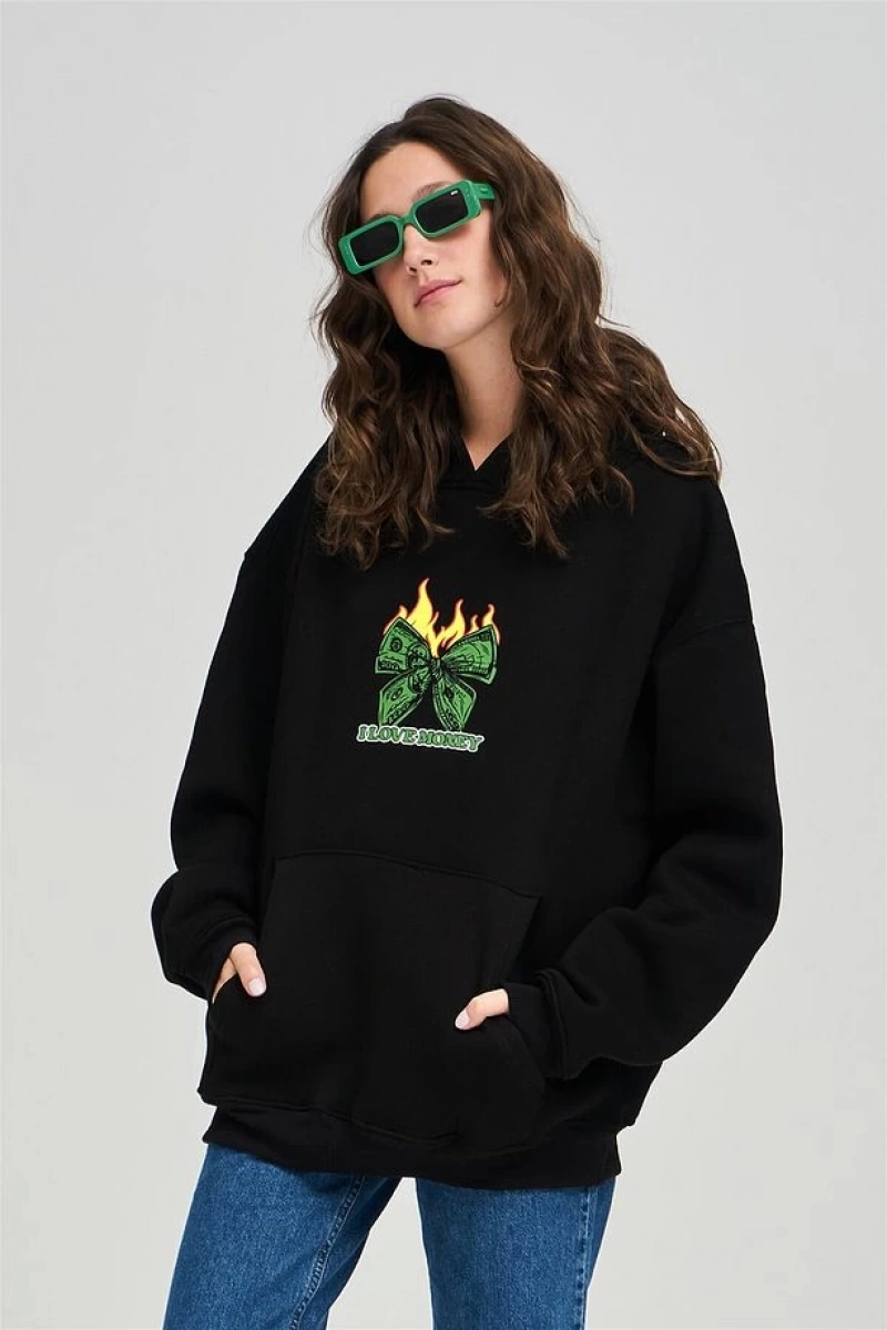 Unisex I Love Money Sweatshirt Hoodie Siyah