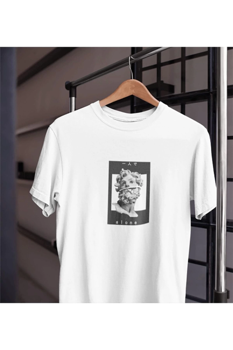 Unısex Kadın Erkek Alone Yalnız Heykel Mitoloji Dönem Eski Nesne%100 Pamuk Siyah Beyaz T-shirt