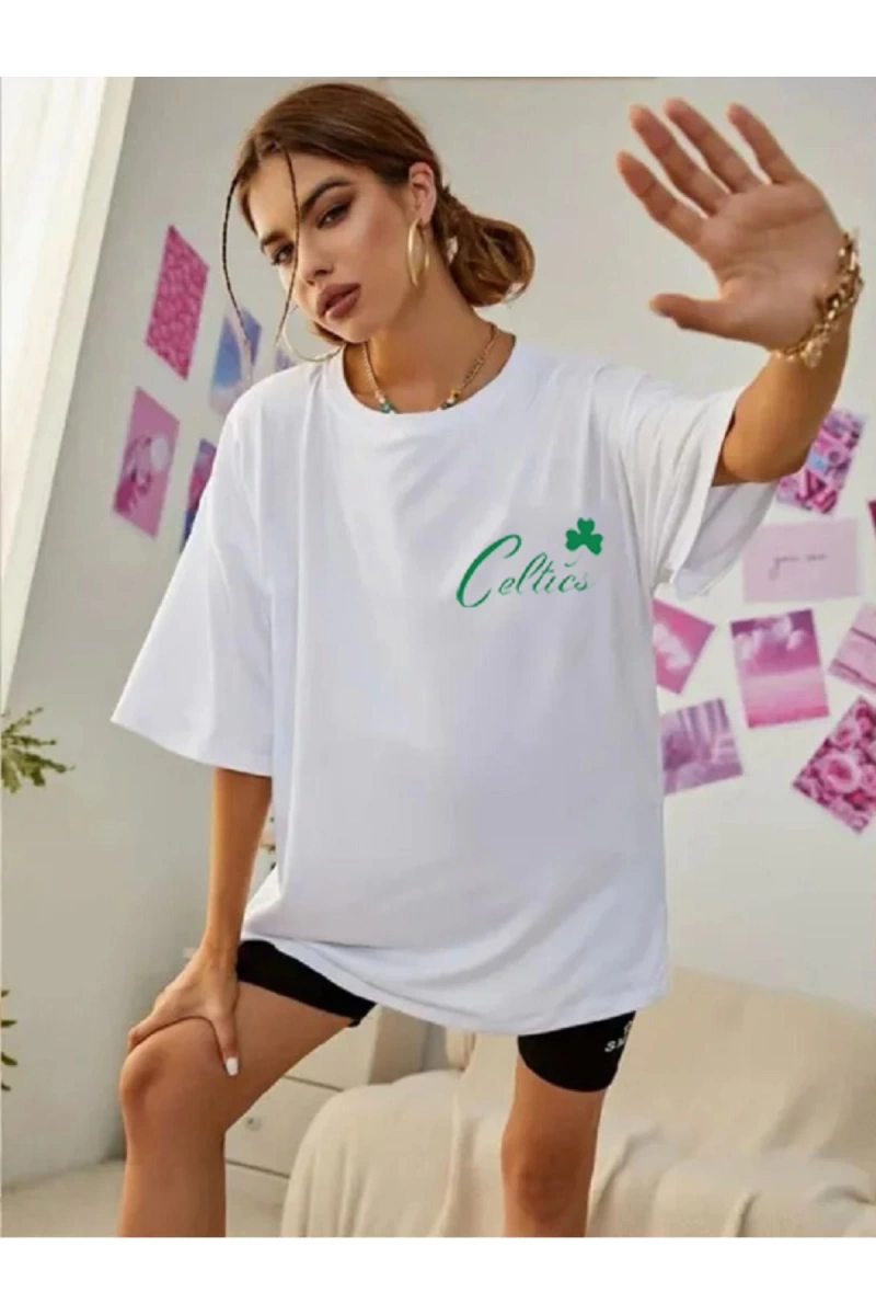 Unisex Kadın/Erkek Celtic Boston Özel Baskılı Renkli Oversize Penye T-Shirt