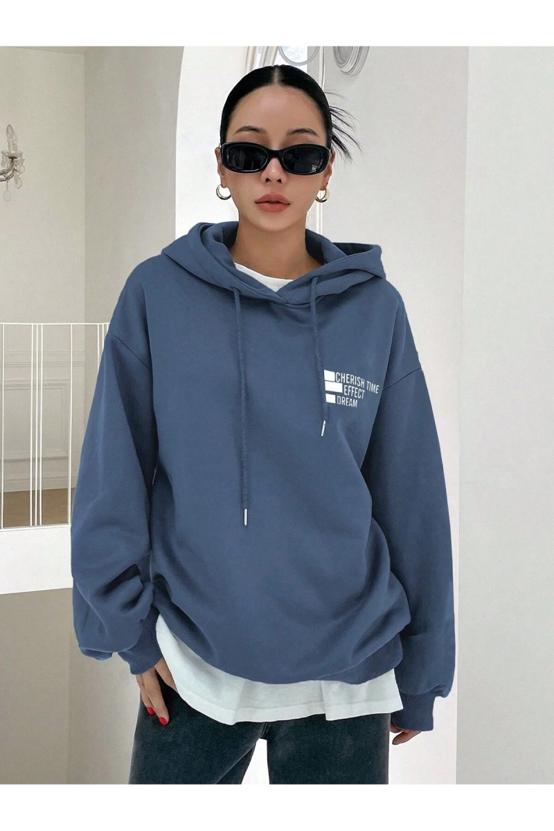 Unisex Kadın/Erkek DAZY Kpop Sloganı Grafikli Damla Omuz İpli Kapüşonlu Üst
