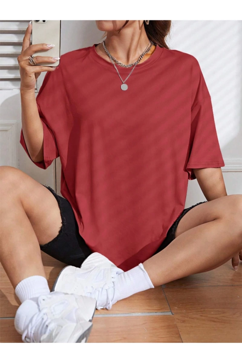 Unisex Kadın/Erkek Düz Renkli Özel Baskılı Oversize Pamuk Penye Bisiklet Yaka T-Shirt