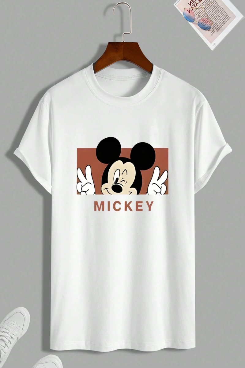 Unisex Kadın Erkek Mickey Mous Özel Baskılı Oversize Pamuk Penye T-shirt Açık gri