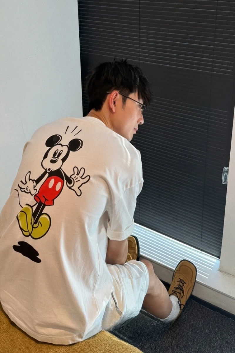 Unisex Kadın Erkek Mickey Mous Özel Baskılı Oversize Pamuk Penye T-shirt Açık gri