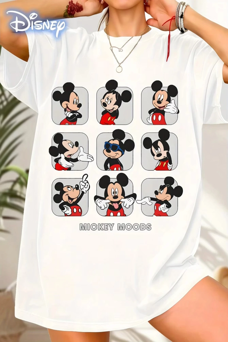 Unisex Kadın Erkek Mickey Mous Özel Baskılı Oversize Pamuk Penye T-shirt Açık gri