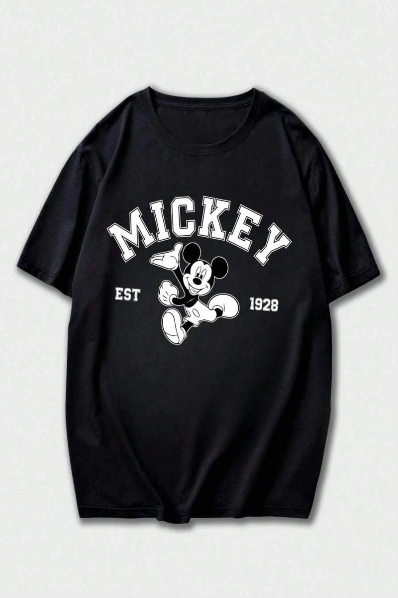 Unisex Kadın Erkek Mickey Mous Özel Baskılı Oversize Pamuk Penye T-shirt Açık gri