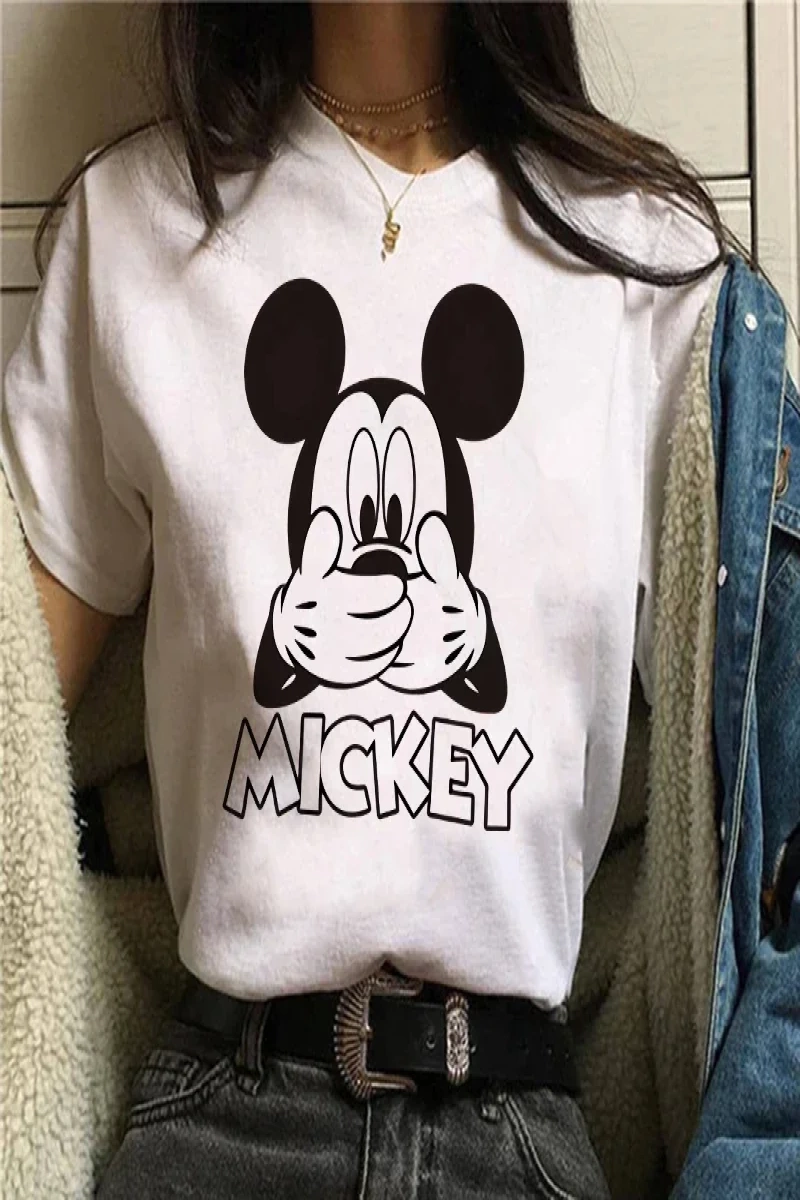 Unisex Kadın Erkek Mickey Mous Özel Baskılı Oversize Pamuk Penye T-shirt Açık gri