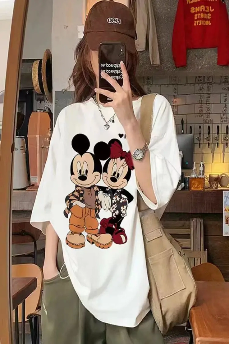 Unisex Kadın Erkek Mickey Mous Özel Baskılı Oversize Pamuk Penye T-shirt Açık gri