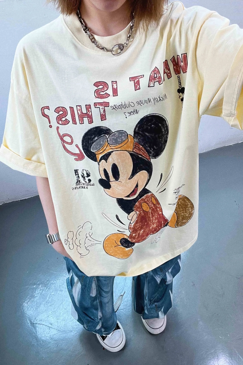 Unisex Kadın Erkek Mickey Mous Özel Baskılı Oversize Pamuk Penye T-shirt Açık gri
