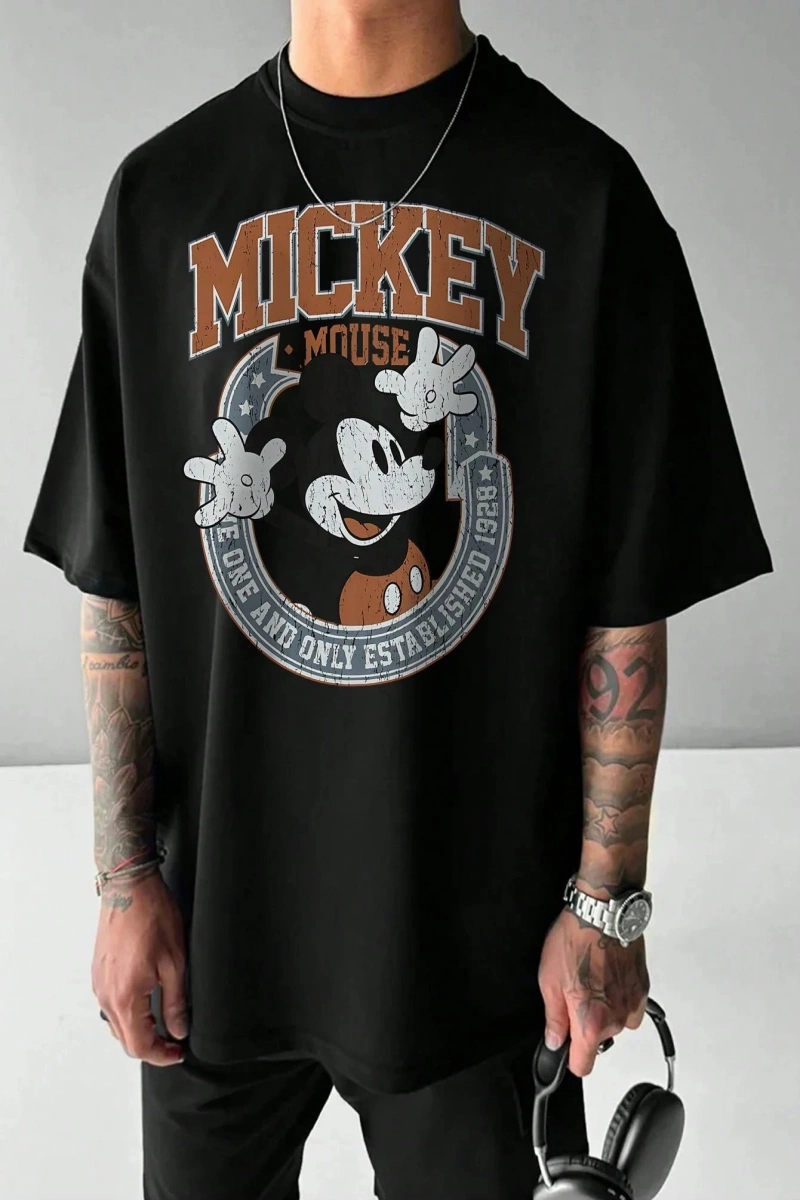 Unisex Kadın Erkek Mickey Mous Özel Baskılı Oversize Pamuk Penye T-shirt Açık gri
