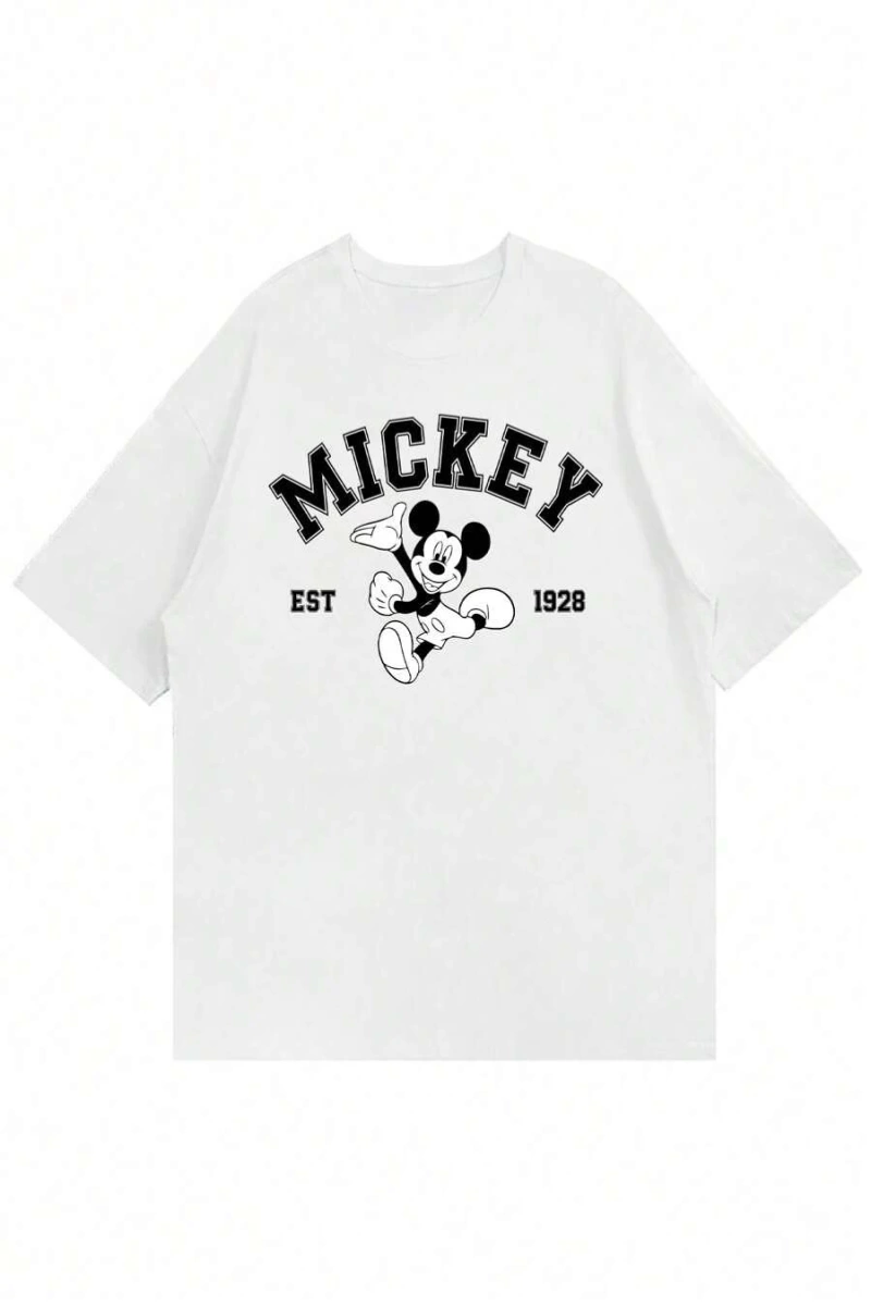 Unisex Kadın Erkek Mickey Mous Özel Baskılı Oversize Pamuk Penye T-shirt Açık gri