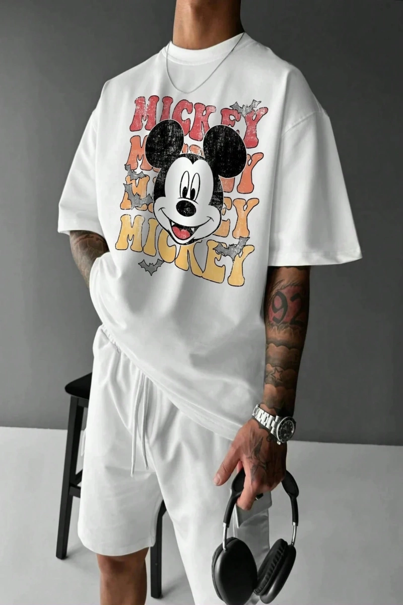 Unisex Kadın Erkek Mickey Mous Özel Baskılı Oversize Pamuk Penye T-shirt Açık gri