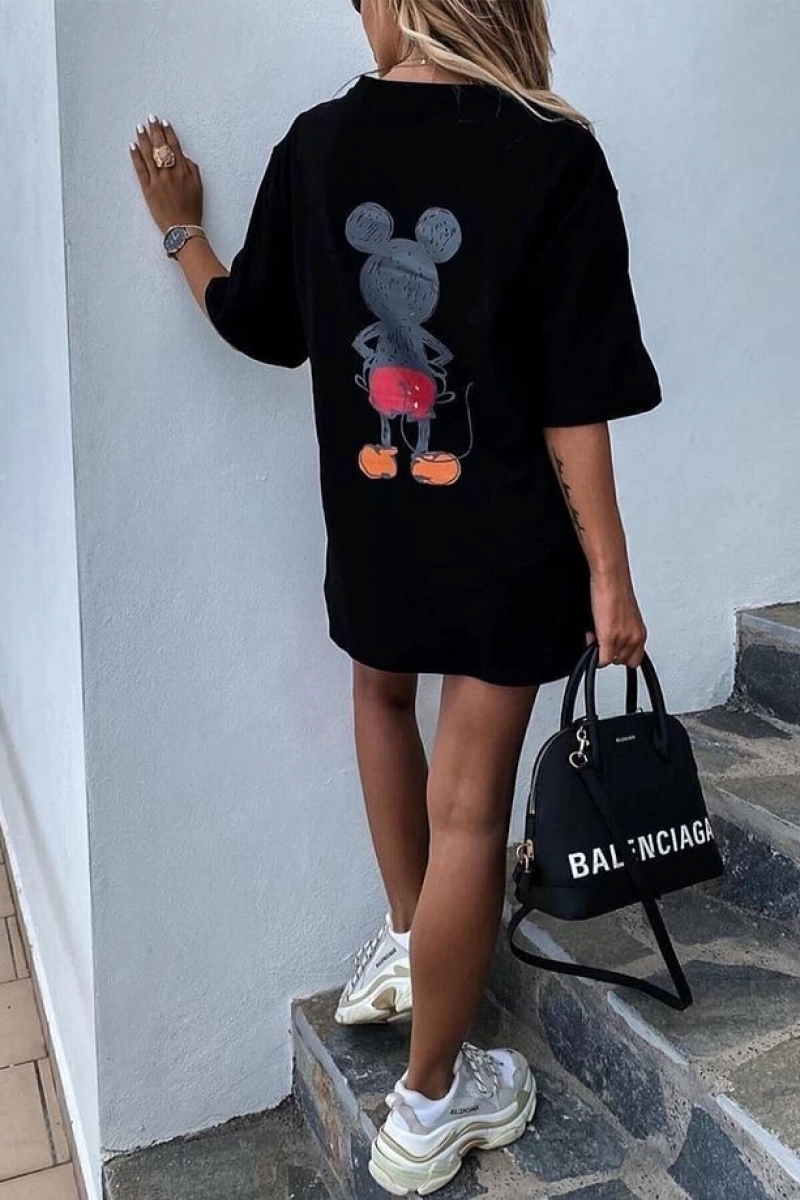Unisex Kadın Erkek Mickey Mous Özel Baskılı Oversize Pamuk Penye T-shirt Açık gri