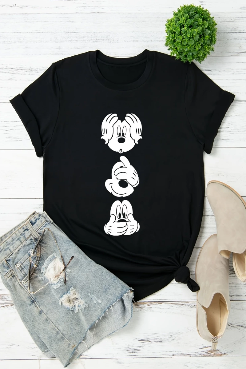 Unisex Kadın Erkek Mickey Mous Özel Baskılı Oversize Pamuk Penye T-shirt Açık gri