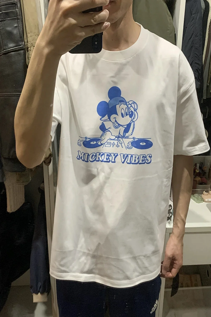 Unisex Kadın Erkek Mickey Mous Özel Baskılı Oversize Pamuk Penye T-shirt Açık gri