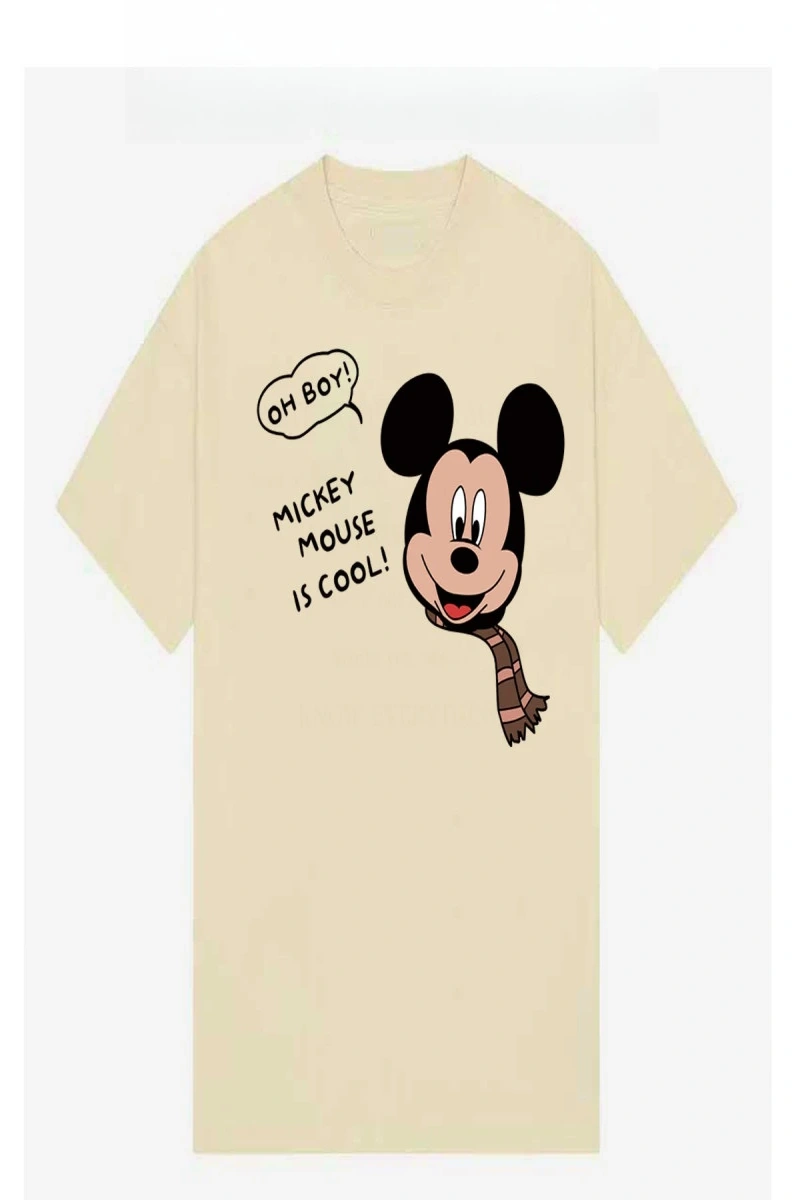 Unisex Kadın Erkek Mickey Mous Özel Baskılı Oversize Pamuk Penye T-shirt Açık gri