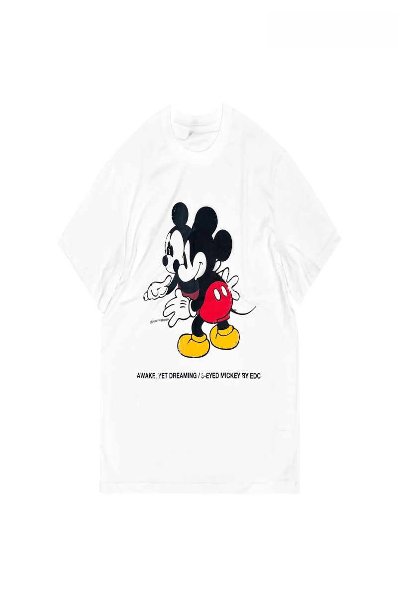 Unisex Kadın Erkek Mickey Mous Özel Baskılı Oversize Pamuk Penye T-shirt Açık gri