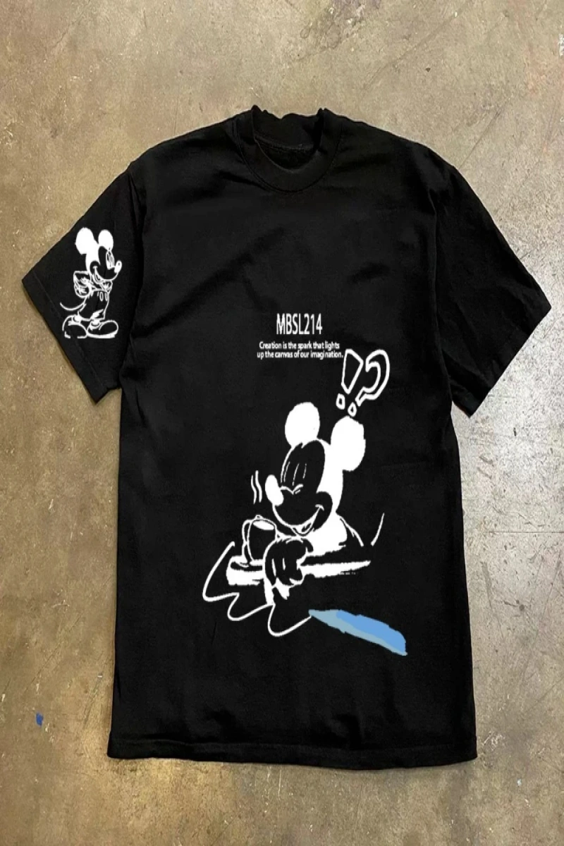 Unisex Kadın Erkek Mickey Mous Özel Baskılı Oversize Pamuk Penye T-shirt Açık gri
