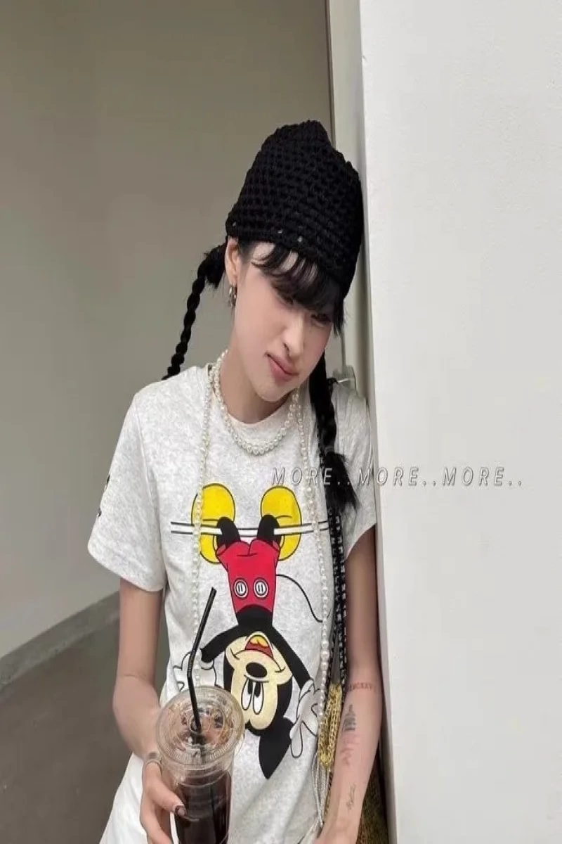 Unisex Kadın Erkek Mickey Mous Özel Baskılı Oversize Pamuk Penye T-shirt Açık gri