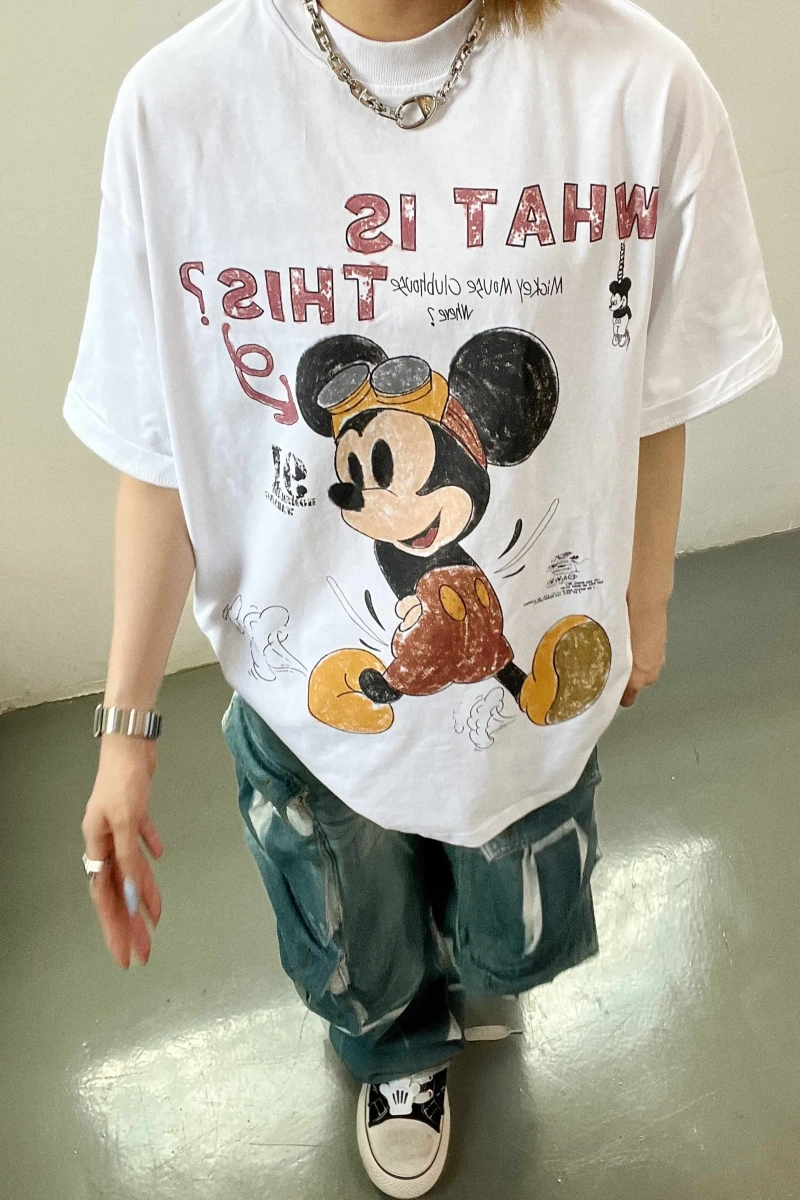 Unisex Kadın Erkek Mickey Mous Özel Baskılı Oversize Pamuk Penye T-shirt Açık gri