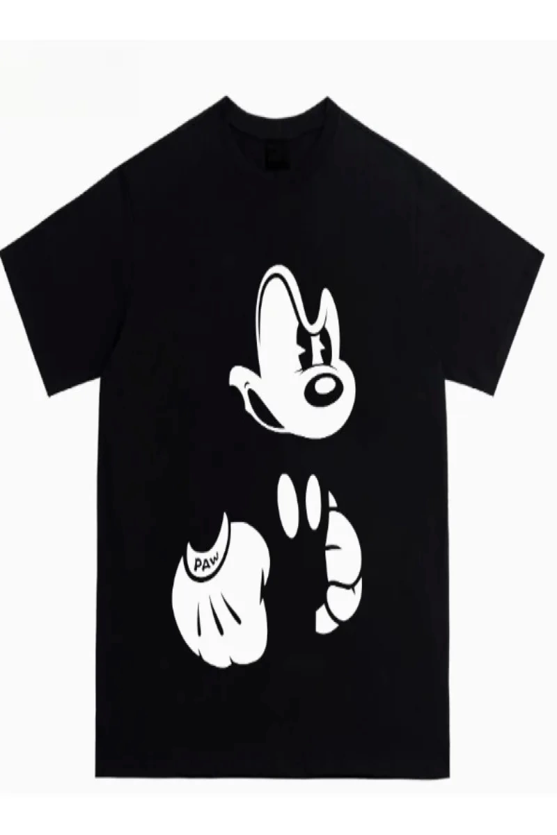 Unisex Kadın Erkek Mickey Mous Özel Baskılı Oversize Pamuk Penye T-shirt Açık gri