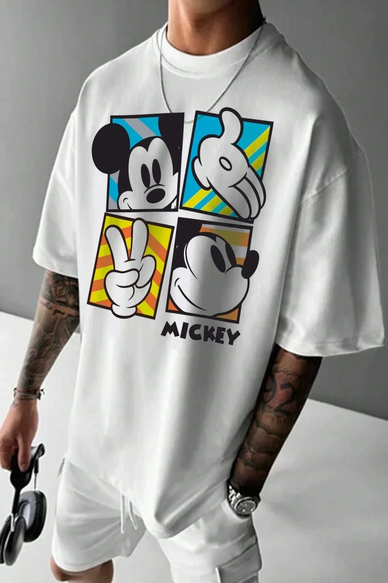 Unisex Kadın Erkek Mickey Mous Özel Baskılı Oversize Pamuk Penye T-shirt Açık gri
