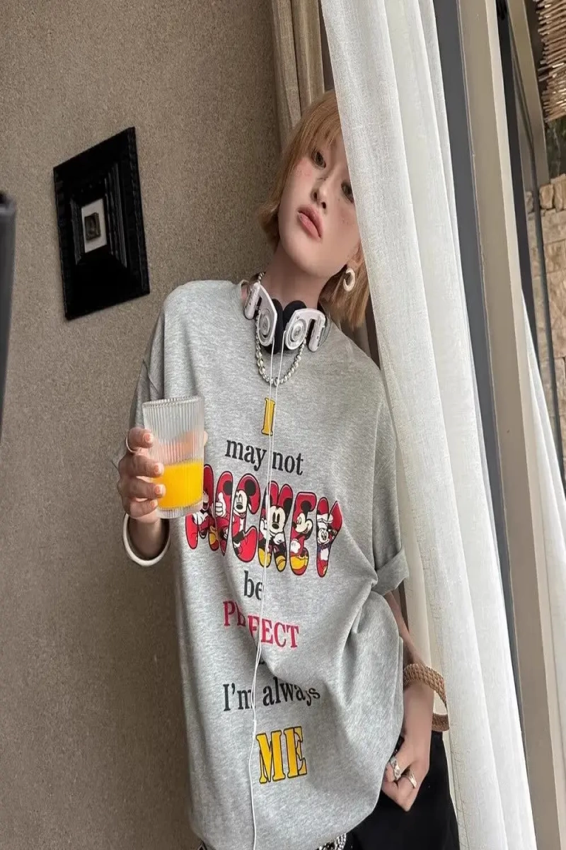 Unisex Kadın Erkek Mickey Mous Özel Baskılı Oversize Pamuk Penye T-shirt Açık gri