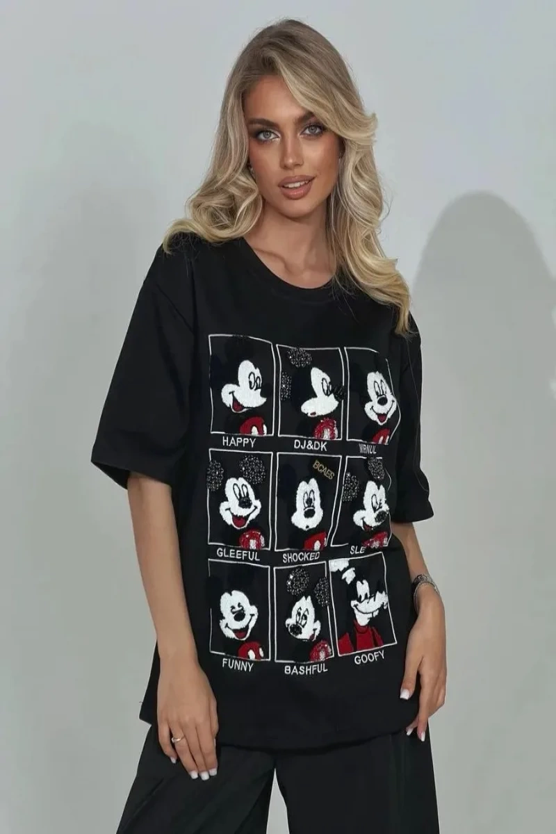Unisex Kadın Erkek Mickey Mous Özel Baskılı Oversize Pamuk Penye T-shirt Açık gri