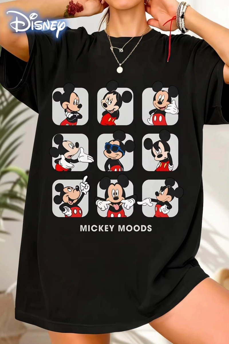 Unisex Kadın Erkek Mickey Mous Özel Baskılı Oversize Pamuk Penye T-shirt Açık gri