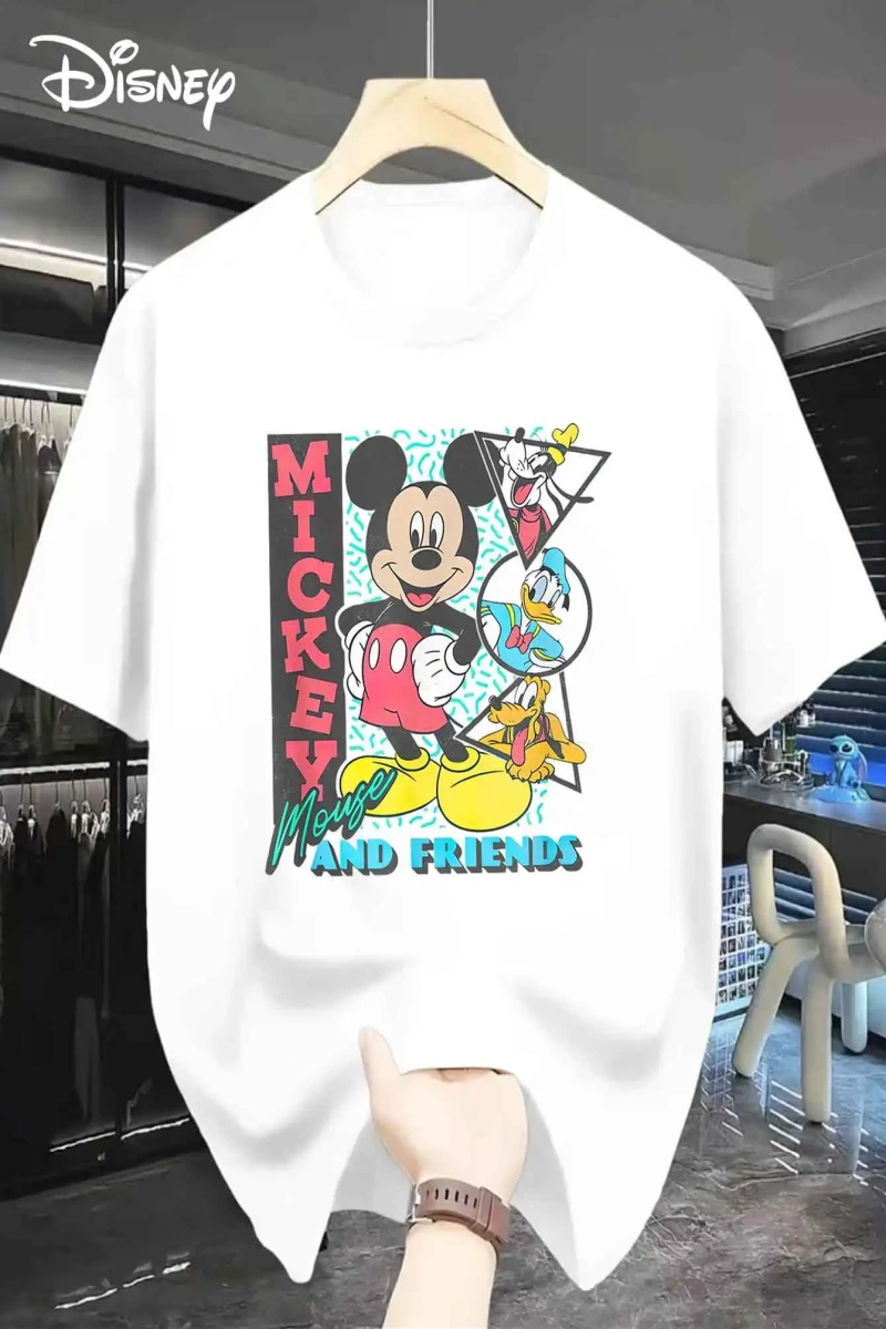 Unisex Kadın Erkek Mickey Mous Özel Baskılı Oversize Pamuk Penye T-shirt Açık gri