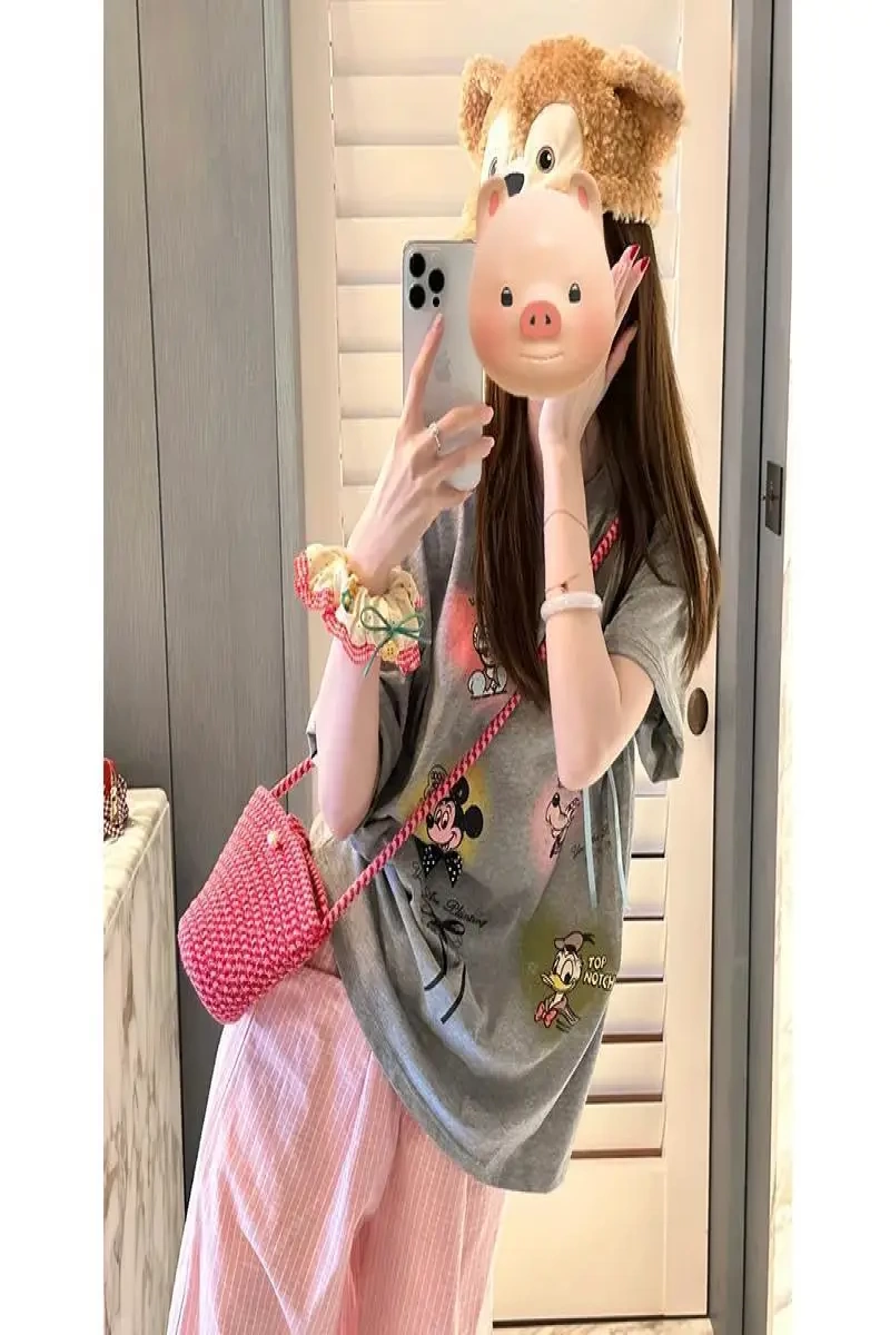 Unisex Kadın Erkek Mickey Mous Özel Baskılı Oversize Pamuk Penye T-shirt Açık gri
