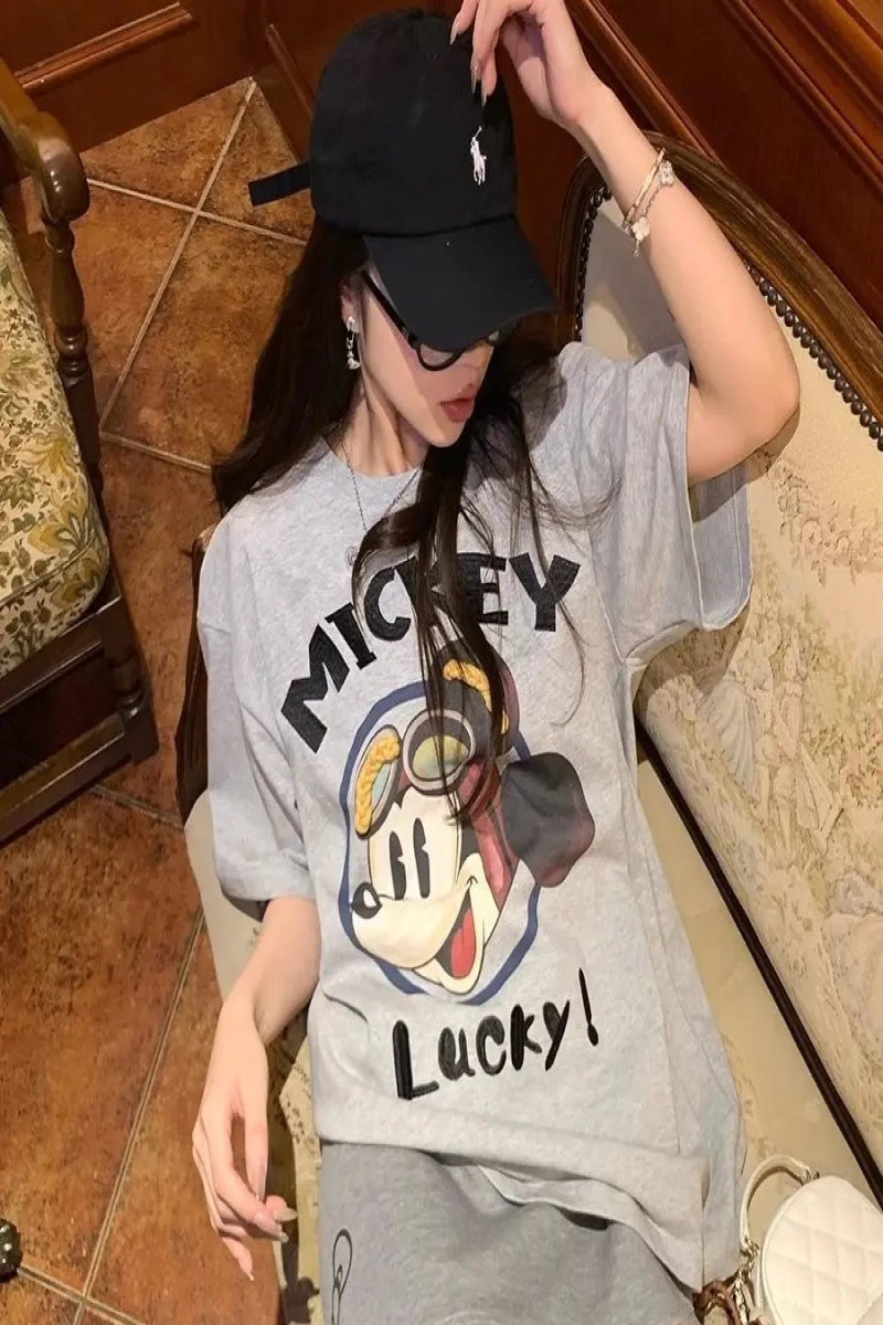 Unisex Kadın Erkek Mickey Mous Özel Baskılı Oversize Pamuk Penye T-shirt Açık gri