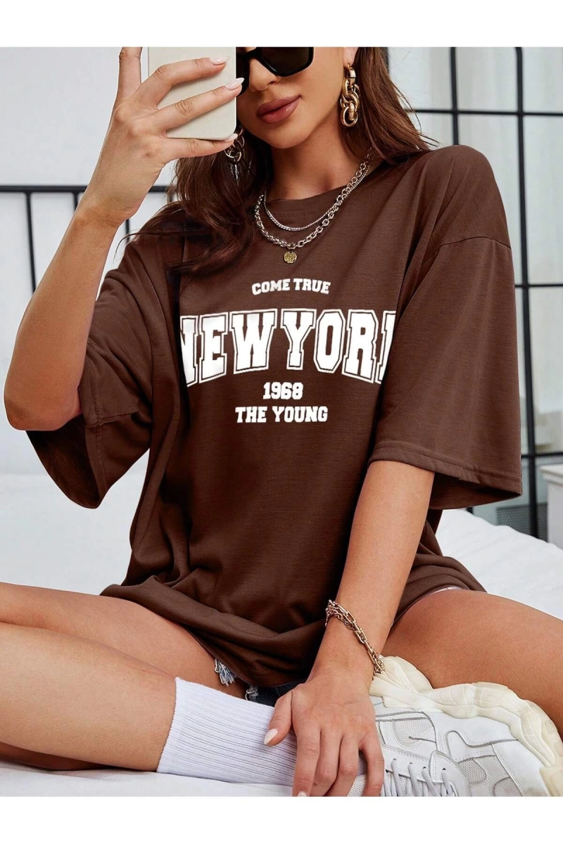 Unisex Kadın/Erkek NEW YORK Özel Baskılı Renkli Oversize Penye T-Shirt