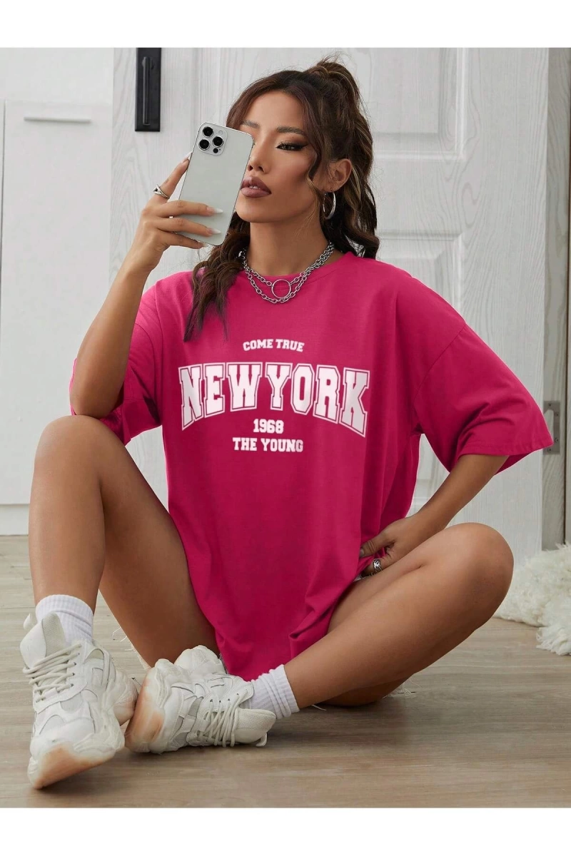 Unisex Kadın/Erkek NEW YORK Özel Baskılı Renkli Oversize Penye T-Shirt