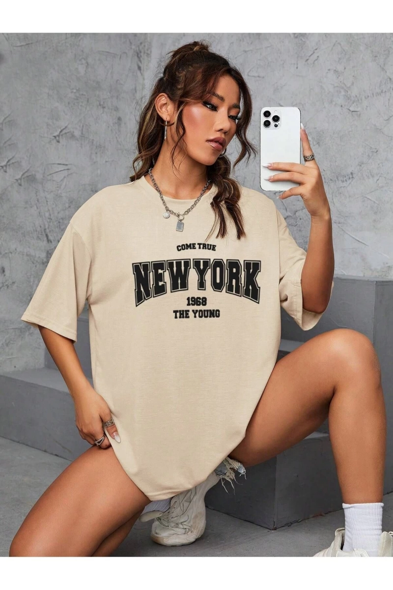 Unisex Kadın/Erkek NEW YORK Özel Baskılı Renkli Oversize Penye T-Shirt