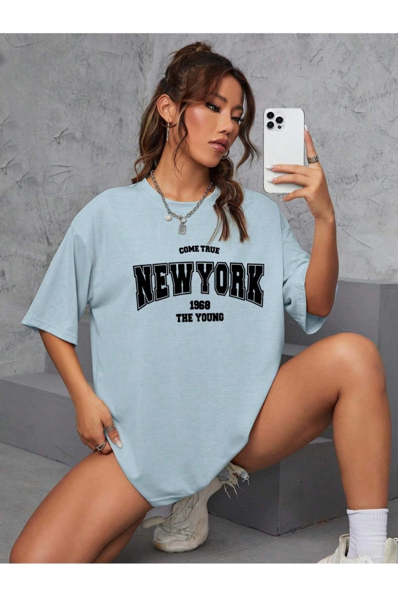 Unisex Kadın/Erkek NEW YORK Özel Baskılı Renkli Oversize Penye T-Shirt