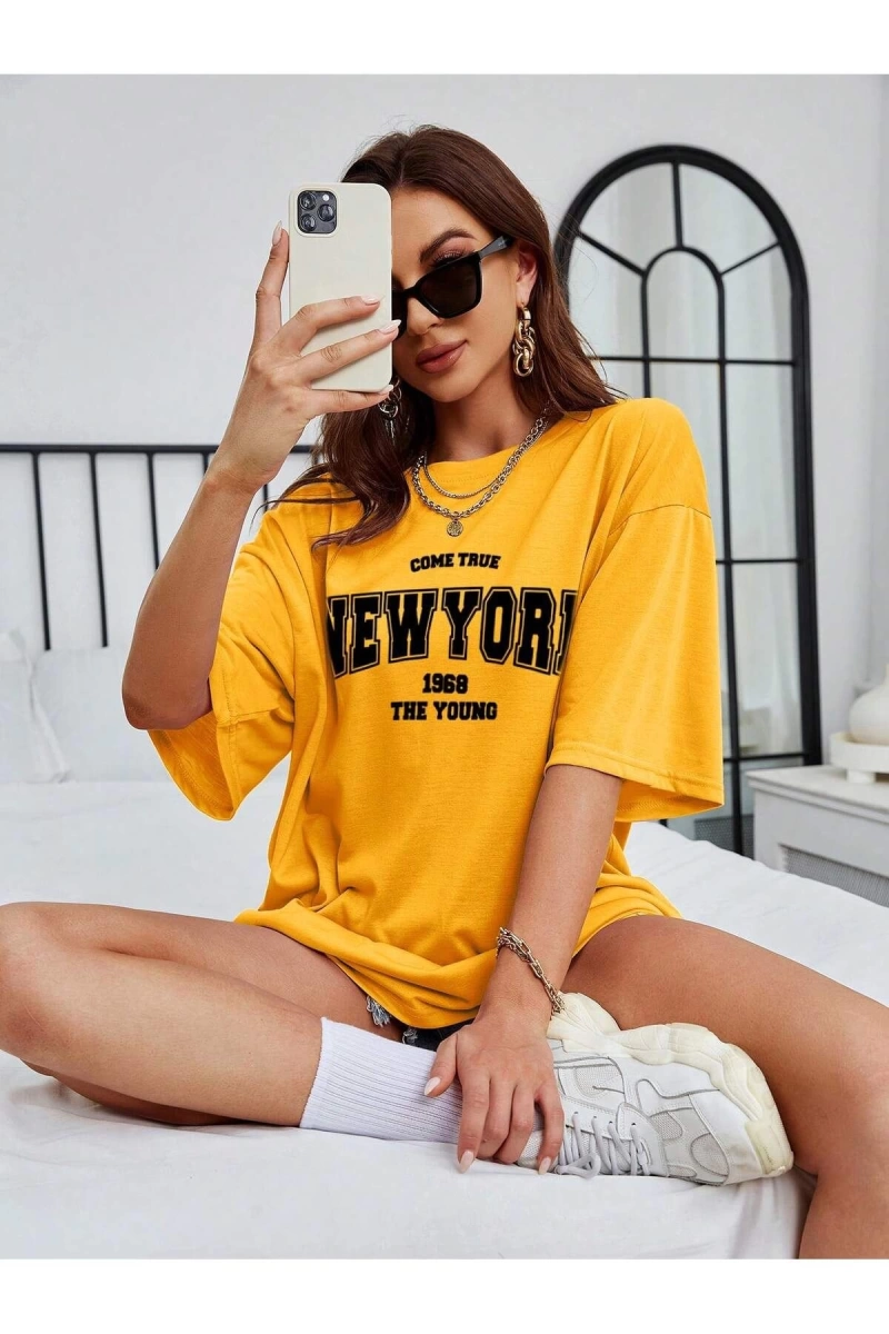 Unisex Kadın/Erkek NEW YORK Özel Baskılı Renkli Oversize Penye T-Shirt
