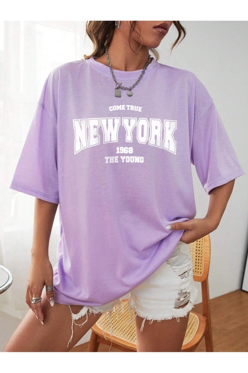 Unisex Kadın/Erkek NEW YORK Özel Baskılı Renkli Oversize Penye T-Shirt