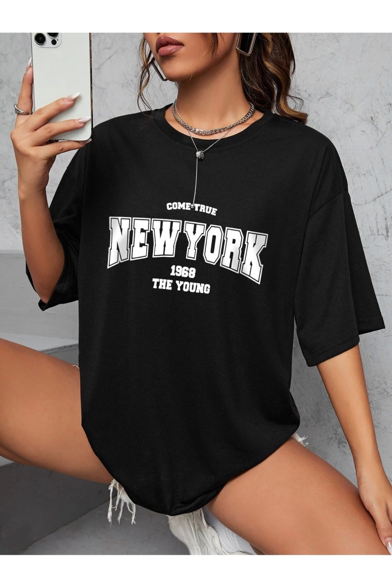 Unisex Kadın/Erkek NEW YORK Özel Baskılı Renkli Oversize Penye T-Shirt