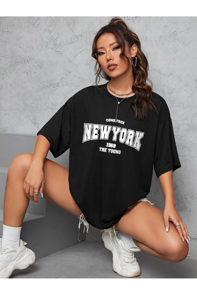 Unisex Kadın/Erkek NEW YORK Özel Baskılı Renkli Oversize Penye T-Shirt